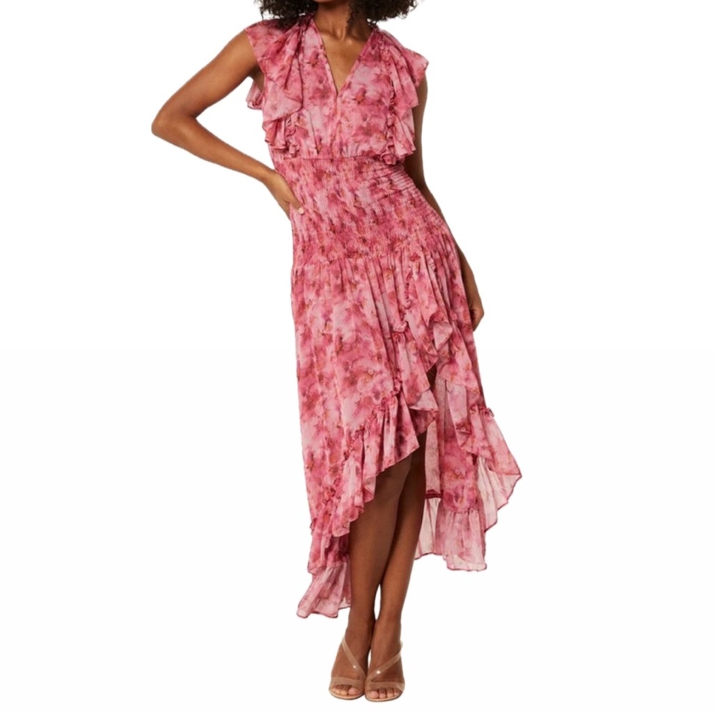 Misa Los Angeles Pink Asymmetrical Ruffled Sundress